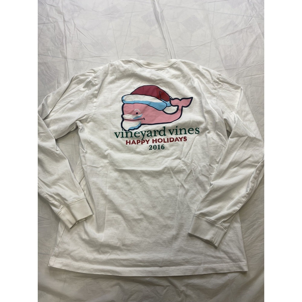 Vineyard Vines Men's Small Long Sleeve Santa Whale Christmas T-Shirt White